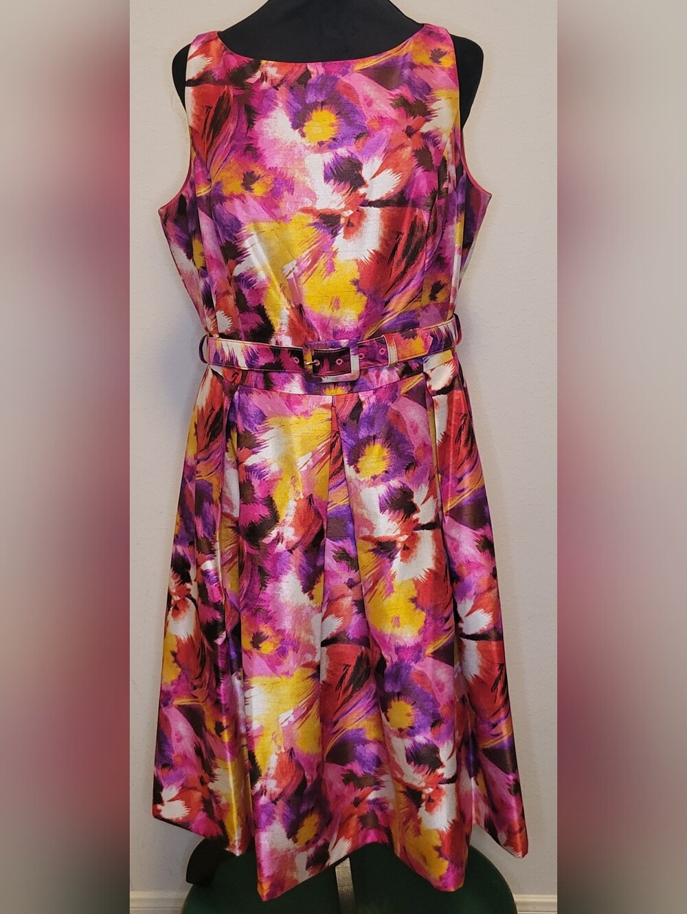 Evan Picone Multicolor Floral Midi Dress with Belt